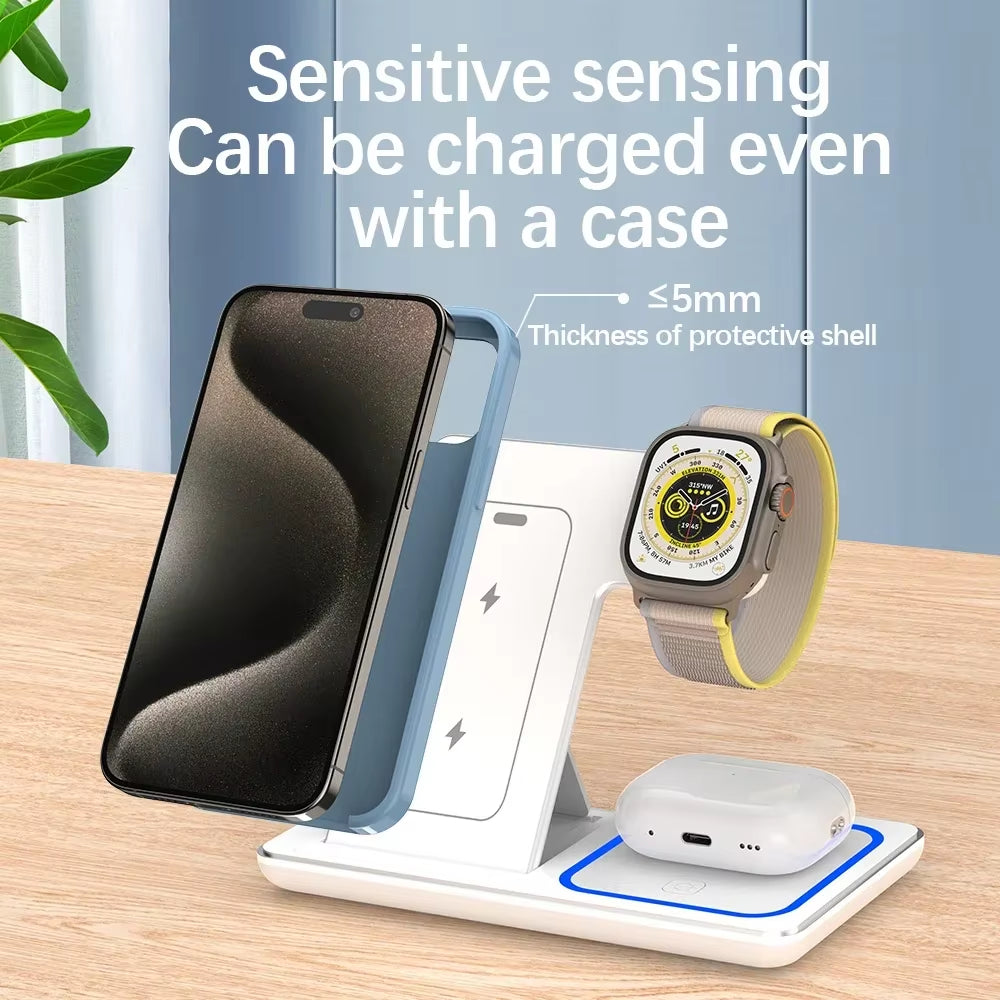 30W 3 in 1 Foldable LED Fast Wireless Charger Stand Charging Station for Iphone 15 14 13 12 11 Apple Watch 9 8 7 6 5 Airpods Pro