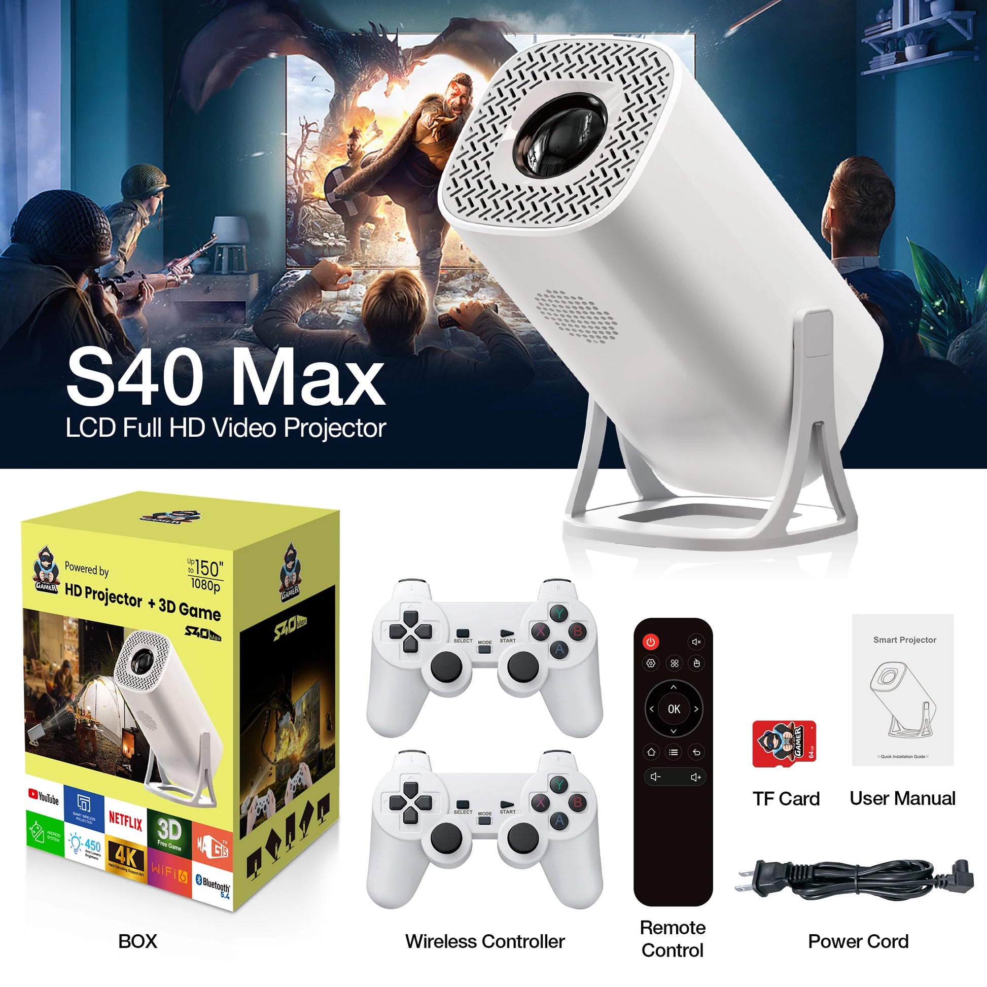 S40 Max Projector 4K HD 1080P Bluetooth Android 11 Proyector with 2 Wireless Game Controllers Built-In 3000 Games