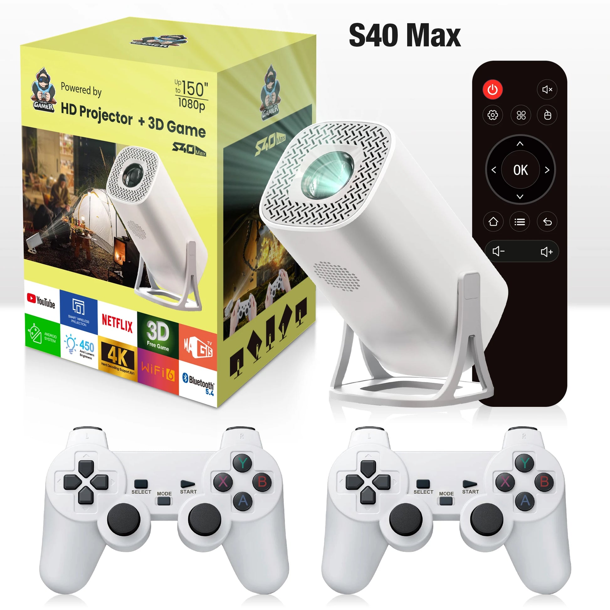 S40 Max Projector 4K HD 1080P Bluetooth Android 11 Proyector with 2 Wireless Game Controllers Built-In 3000 Games