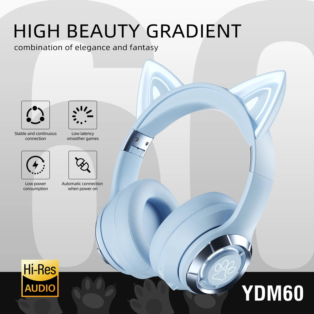 Cute Cat Ear Wireless Bluetooth Headphone with Microphone On-Ear Headset Stereo Sound Earphones Sports Gaming Foldable Headphone