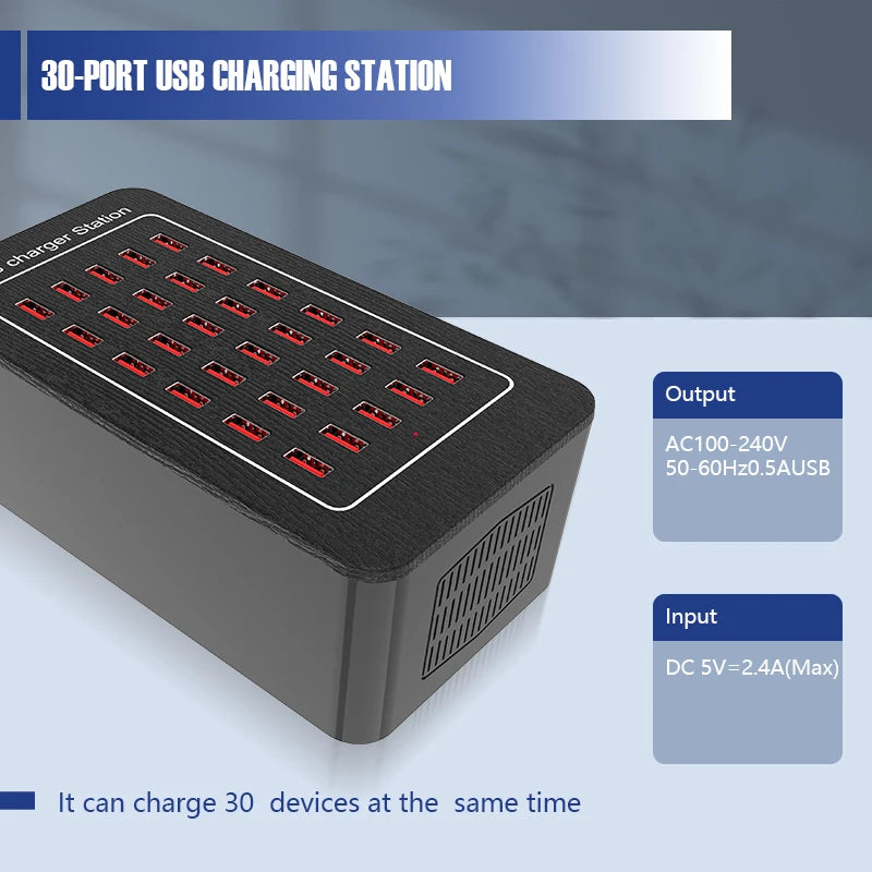 30-Port USB Charging Station, Smart Current Distribution, Protect Your Device