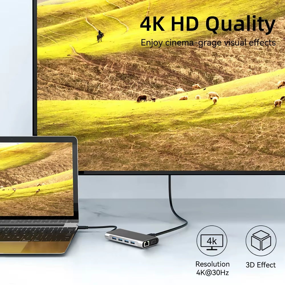 USB C HUB Type C to RJ45 4K 30Hz HDMI VGA Adapter SD TF USB 3.0 2.0 Docking PD 87W USB C Splitter for Macbook Pro Air