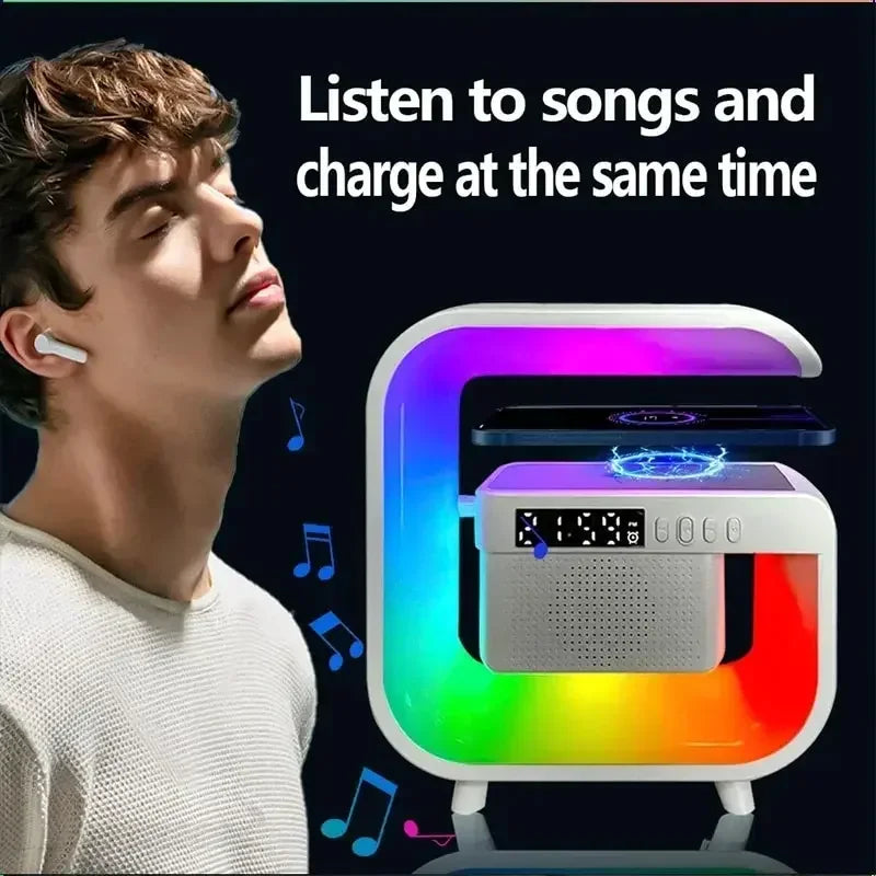 Tinsol Wireless Charger Stand Bluetooth Speaker Alarm Clock Colorful RGB Light Night Lamp Fast Charging Station for Iphone