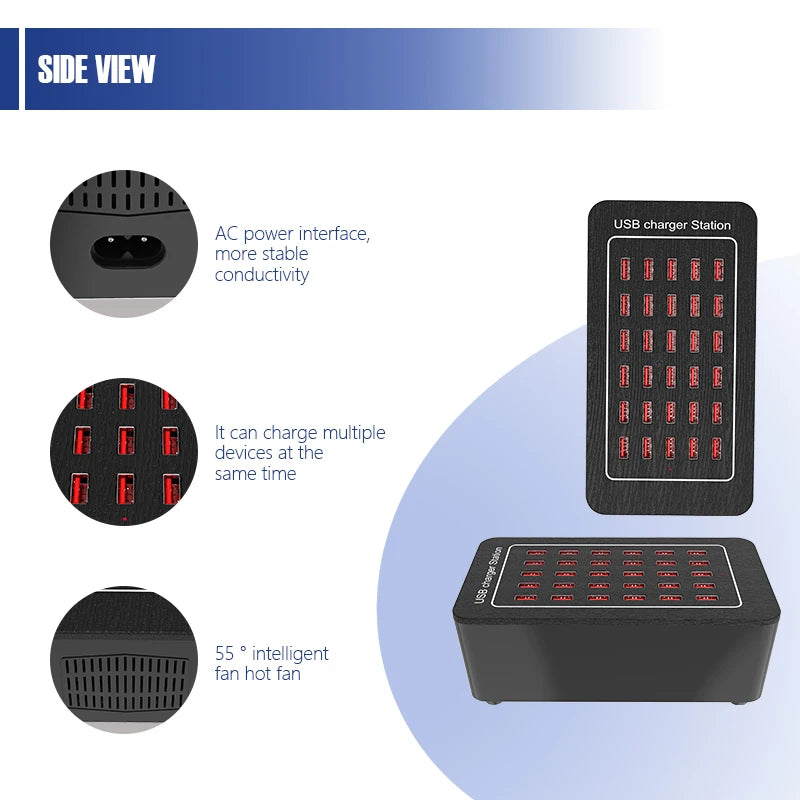 30-Port USB Charging Station, Smart Current Distribution, Protect Your Device