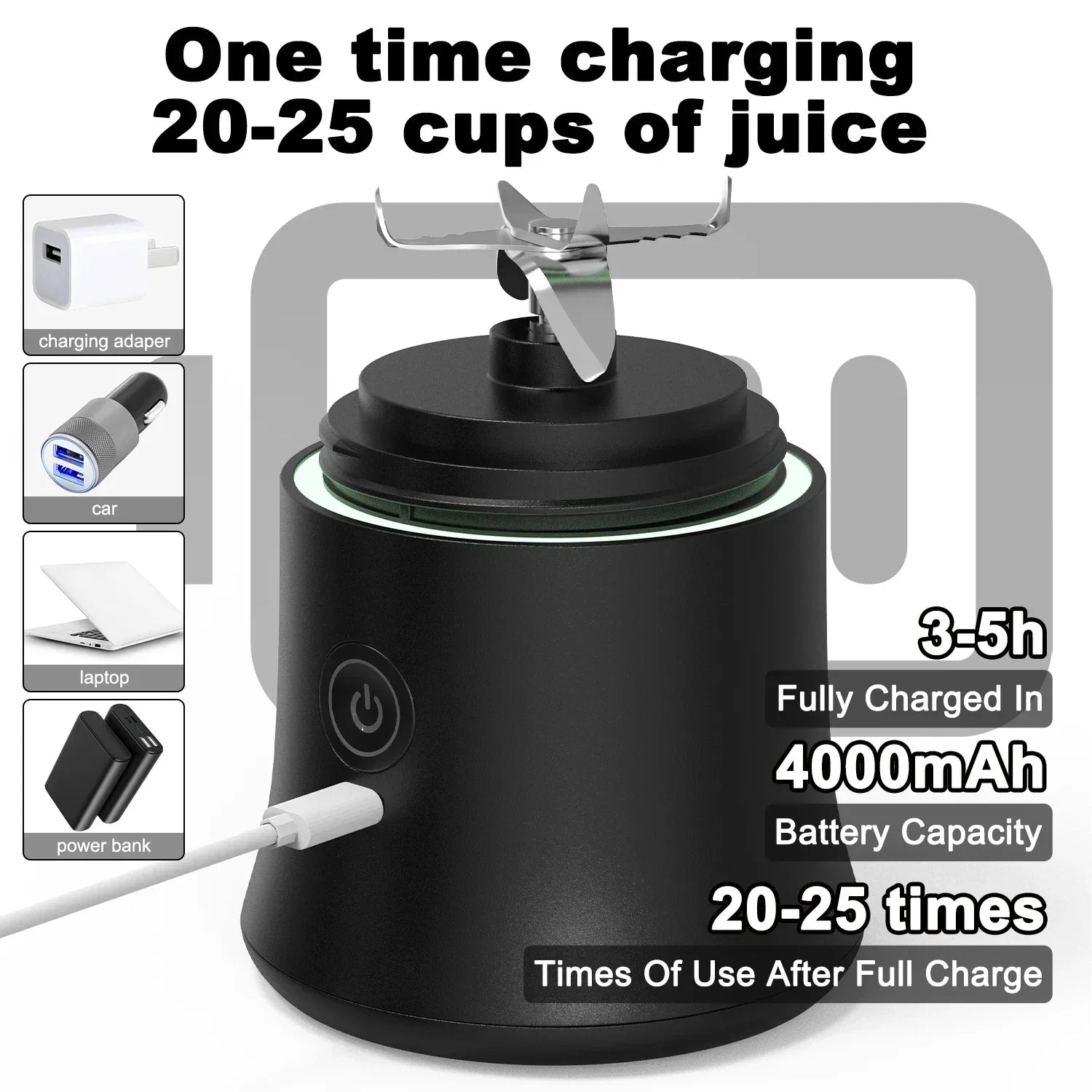 New 4000Mah Portable Juicer Cup 600ML 10-Leaf Blade Powerful Motor Mini Blender for Shakes Smoothis Blender Mixer Cup Outdoor