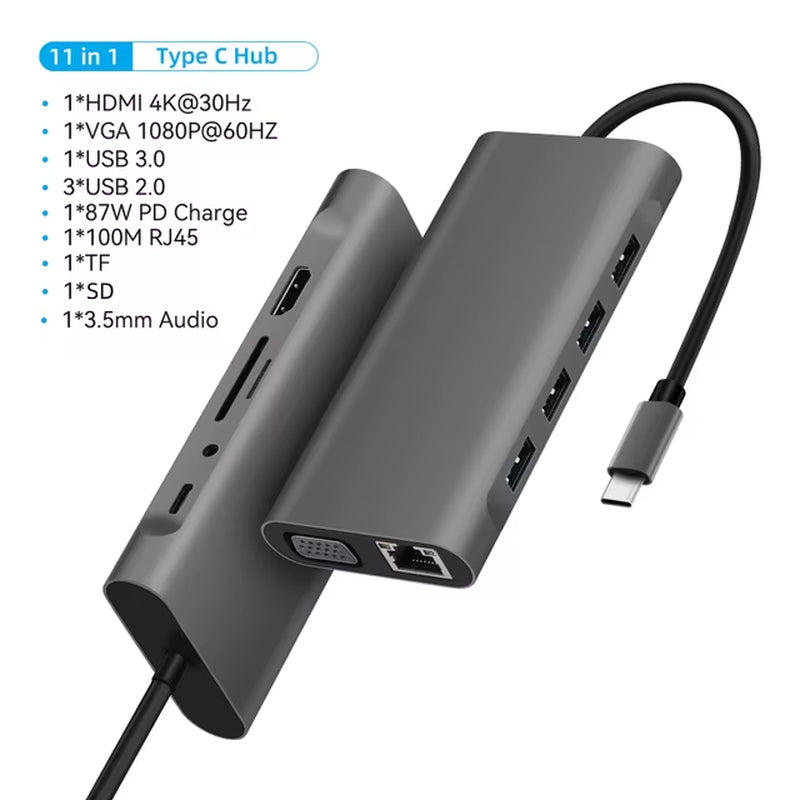 USB C HUB Type C to RJ45 4K 30Hz HDMI VGA Adapter SD TF USB 3.0 2.0 Docking PD 87W USB C Splitter for Macbook Pro Air
