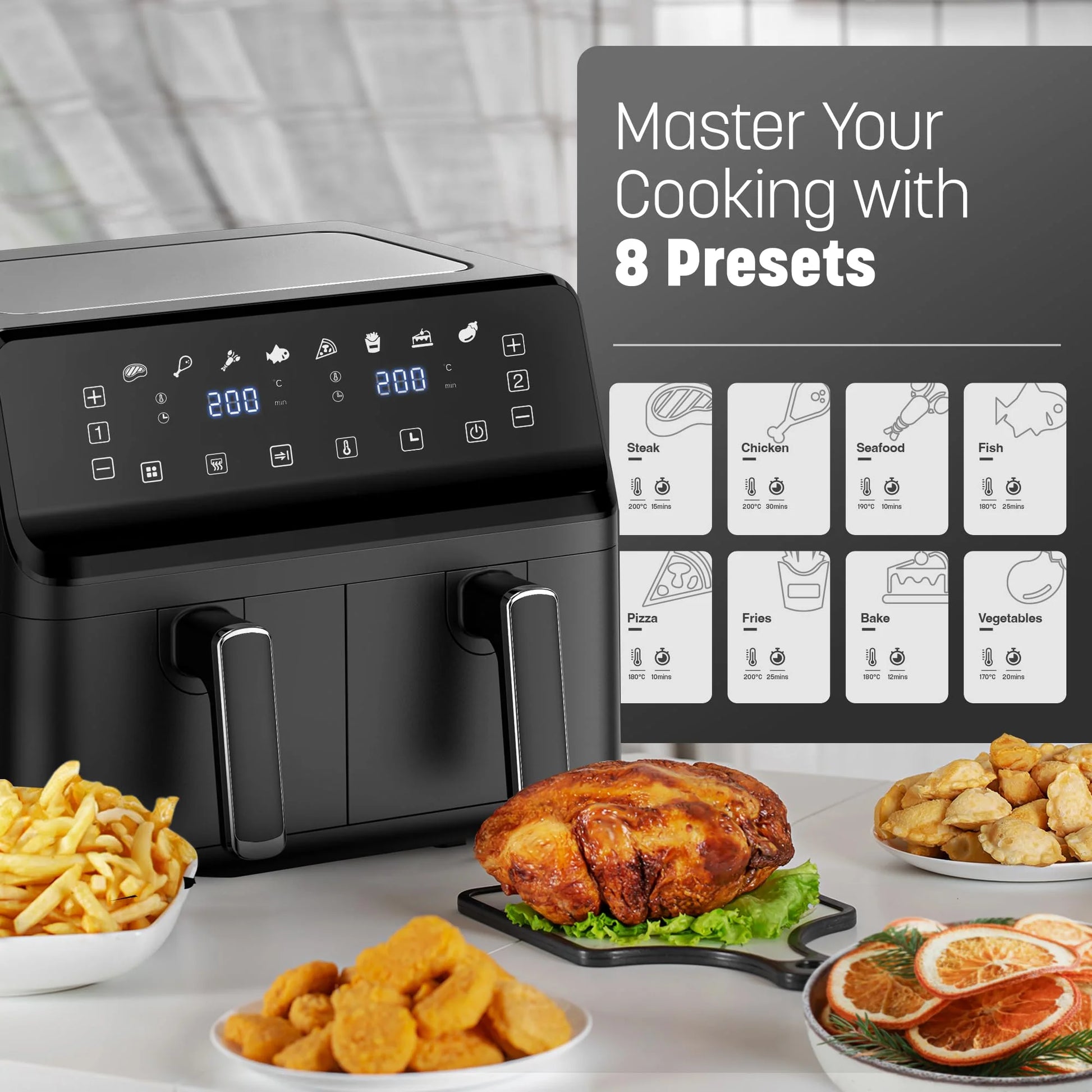 Essen by Keplin 9L Dual Zone Air Fryer - 2700W Energy-Saving Cooker with 6 Cooking Functions - Extra-Large Capacity for Healthy Meals - Roast, Bake, Dehydrate, Crisp - Family Size (9L)