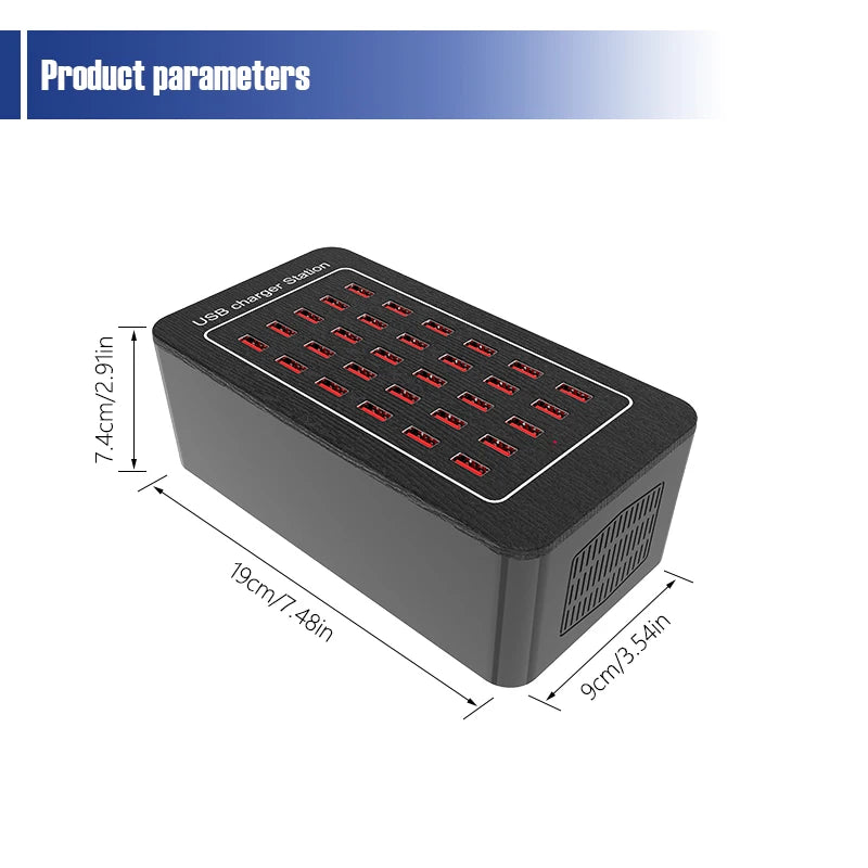 30-Port USB Charging Station, Smart Current Distribution, Protect Your Device